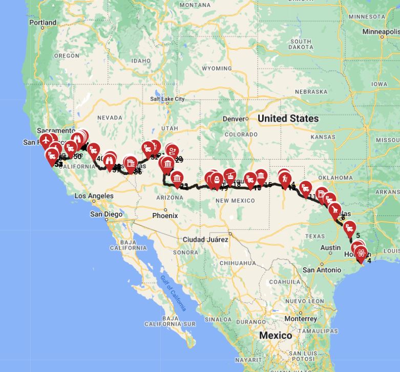 RV trip route from Houston to San Francisco